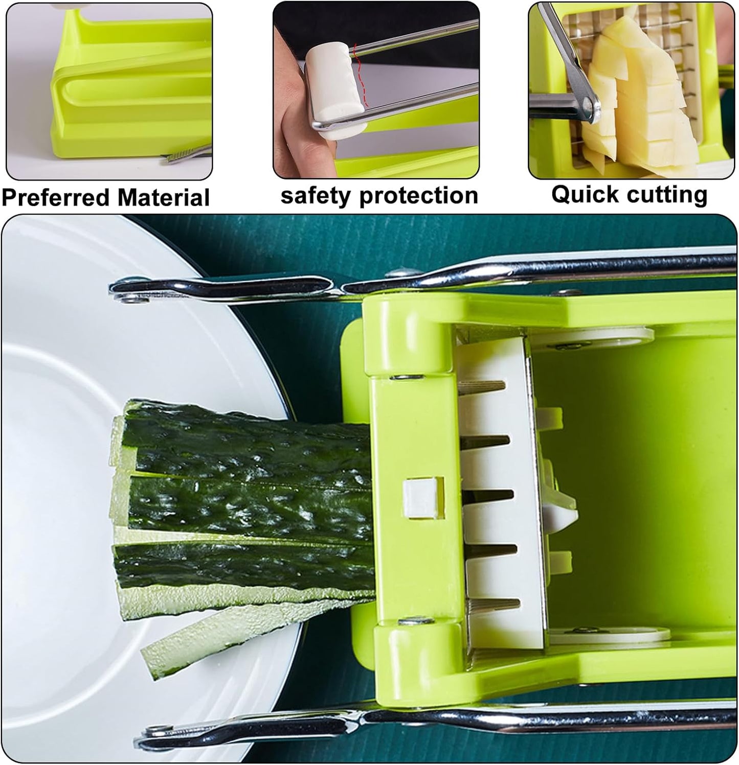 French Fry Cutter, Potato Slicer French Fries with 2 Different Sizes Stainless Steel Blades and No-Slip Suction Base for Potatoes Carrots Cucumbers