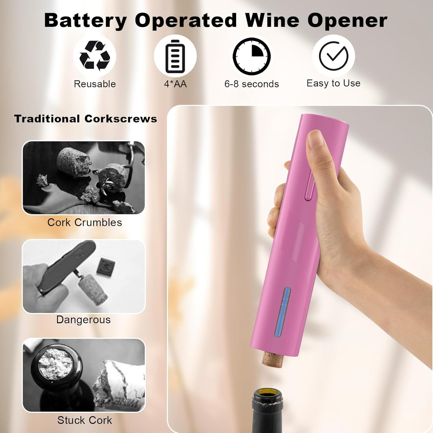 COKUNST Electric Wine Opener, Battery Operated Wine Bottle Openers with Foil Cutter, One-click Button Corkscrew Remover for Home Kitchen Party Wedding