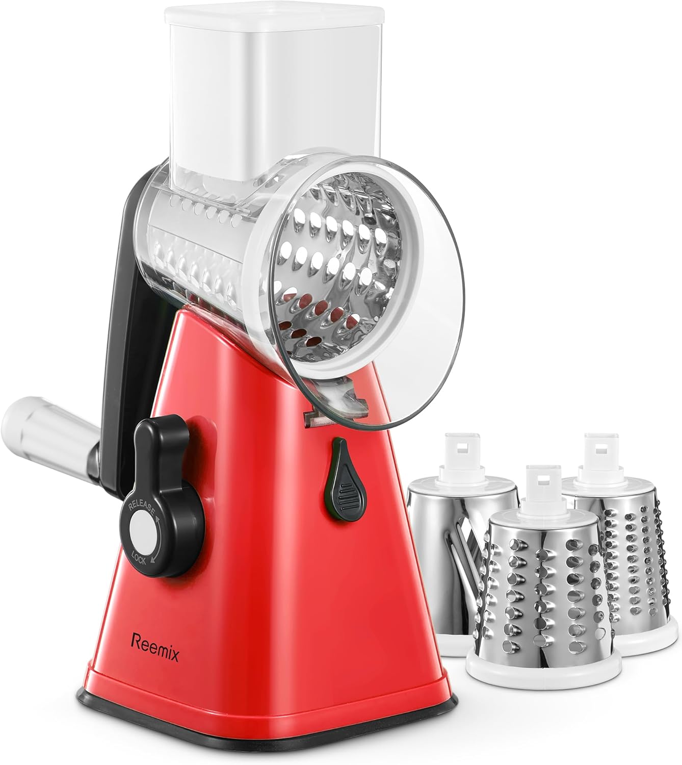 Rotary Cheese Grater with Handle, Reemix Vegetable Cheese Shredder Slicer Grater for Kitchen 3 Changeable Blades for Cheese Potato Zucchini Nuts Chocolate (White)