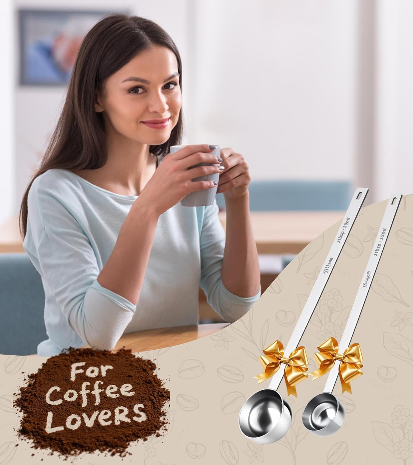 Ugotit Coffee Scoop for Ground Coffee, Long Handle Measuring Spoon for Protein Powder, Baking, 2 Tablespoon 18/8 Stainless Steel Coffee Scoop,Hanging Hole