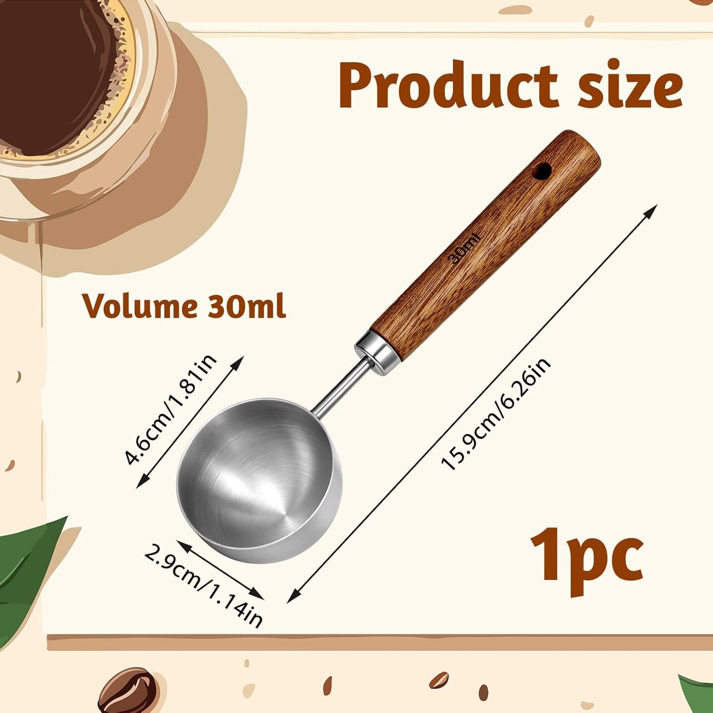 Silver Coffee Measuring Spoon, 30ml Capacity Tablespoon, Stainless Steel Teaspoon Scoop, Walnut Handle, Measuring & Serving Perfect for for Coffee Tea, and More