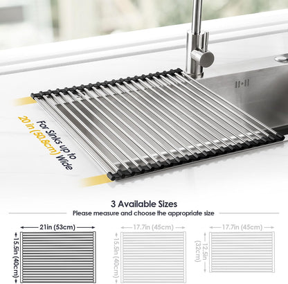 Tomorotec 17.7" x 15.5" Roll Up Dish Drying Rack Over Sink Drying Rack Sink Cover Kitchen Sink Accessories Gadget Multipurpose Organizer Foldable Stainless Steel Drainer