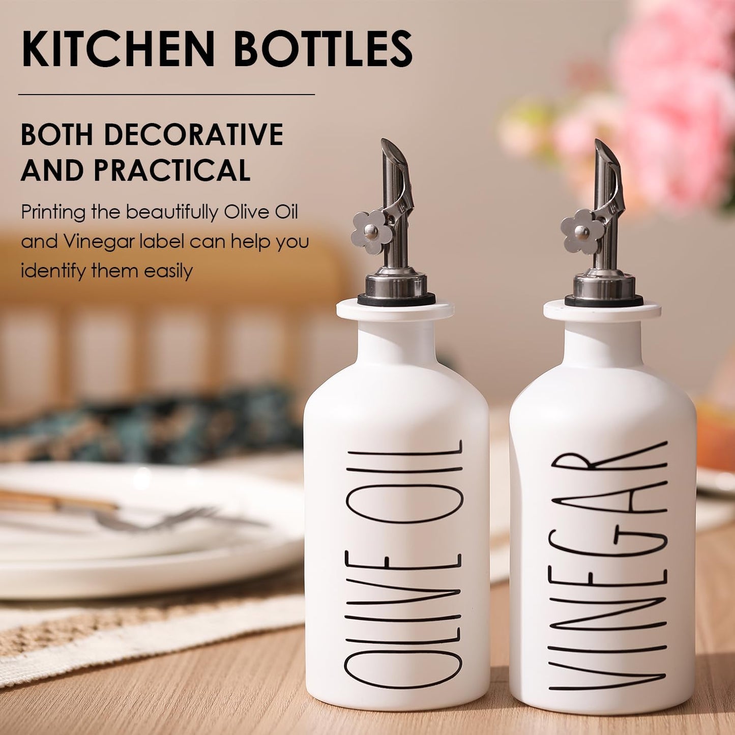 HOMCDALY Premium Olive Oil Dispenser for Kitchen, 11.8oz Glass Oil Bottles with Bamboo Tray, White and Gold Oil&Vinegar Cruet Set, Kitchen Dispenser Bottles with Pourer| Set of 2 (11.8oz –P–Gold)
