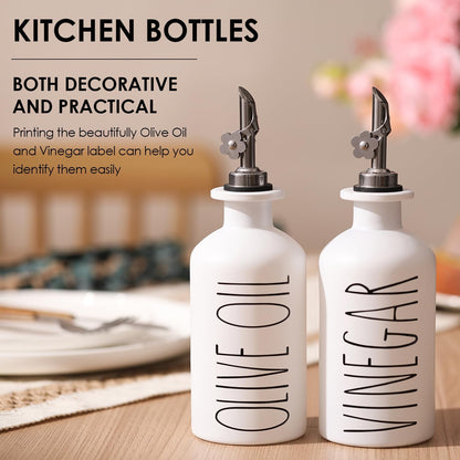 HOMCDALY Premium Olive Oil Dispenser for Kitchen, 11.8oz Glass Oil Bottles with Bamboo Tray, White and Gold Oil&Vinegar Cruet Set, Kitchen Dispenser Bottles with Pourer| Set of 2 (11.8oz –P–Gold)