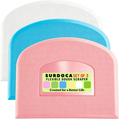 SURDOCA Dough Scraper Bench Scraper - 3P 4.7x3.7" Plastic Flexible Bowl Scraper, Sharp Edge & Angles Cake Scraper. Non-Slip Bakeware Decorating Tools Sculpting & Modeling Tools - Green+White+Green - Colors A