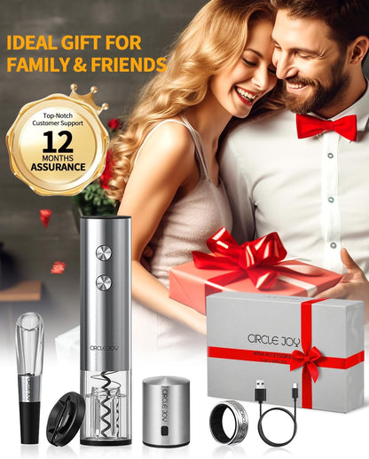CIRCLE JOY Electric Wine Opener Stainless Steel Rechargeable Automatic Wine Bottle Opener Set 7-in-1 Wine Gifts for Wine Lovers with Charging Base, Foil Cutter, Wine Aerator Pourer & 2 Vacuum Stoppers