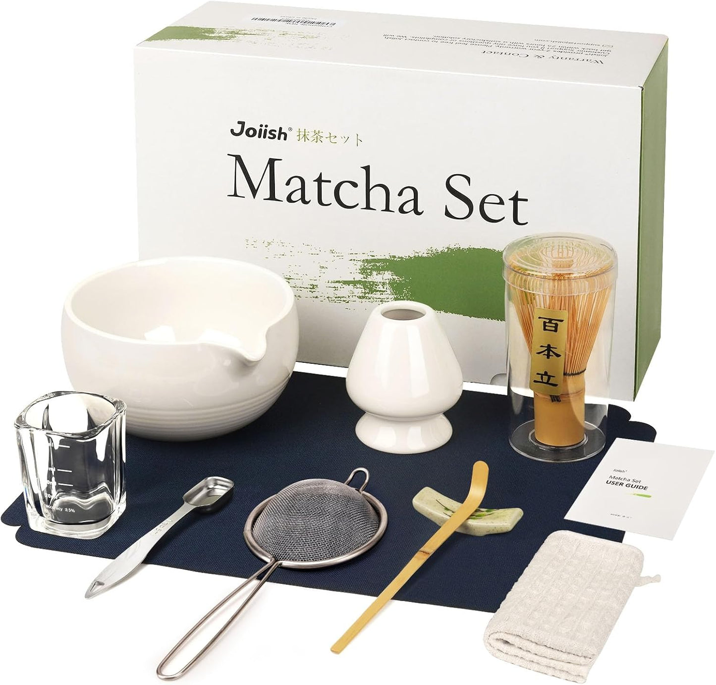 Joiish Matcha Whisk Set, Matcha Kit 10-Pcs, Bamboo Whisk and Ceramic Bowl with Spout & Measuring Spoon & Cup, Japanese Ceremony Matcha Tea Powder Making Tools, Light Green