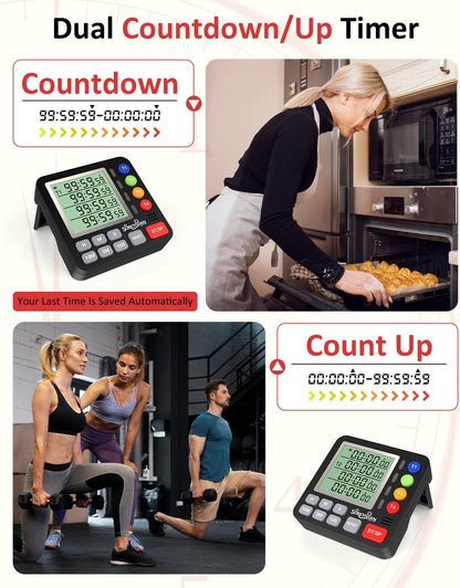 Digital Kitchen Timer for Cooking - 4 Channel Count Up Countdown Timer with Loud Alarm and Silent Mode, Large Display, Magnetic Back, Auto Memory for Classroom Study Gym, Battery Included (Black)