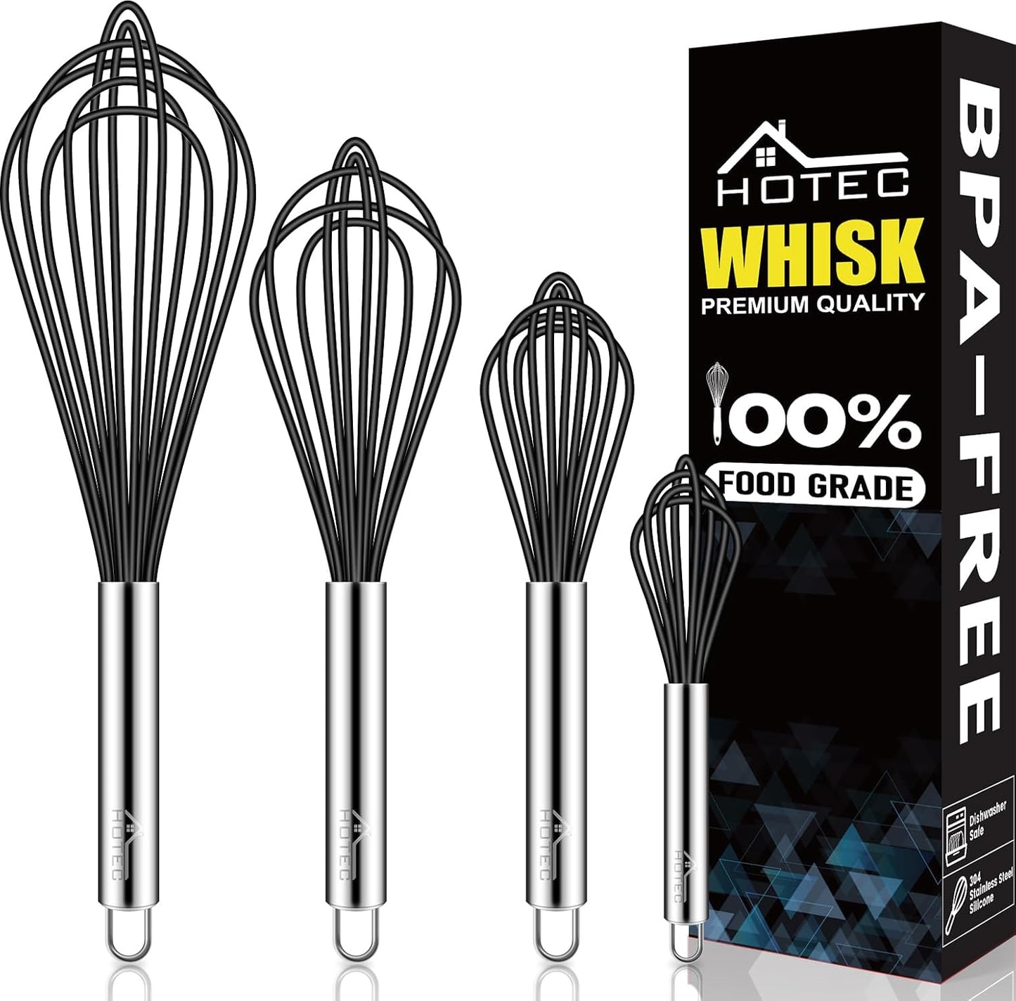 HOTEC 4 Pieces Silicone Whisks Set, Wire Balloon Whisks for cooking Egg Beater, Non-slip Handle Whisk for Non-stick Cookware Perfect for Cooking, Stirring, Beating and Blending (Multicolor)