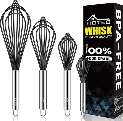 HOTEC 4 Pieces Silicone Whisks Set, Wire Balloon Whisks for cooking Egg Beater, Non-slip Handle Whisk for Non-stick Cookware Perfect for Cooking, Stirring, Beating and Blending (Multicolor)