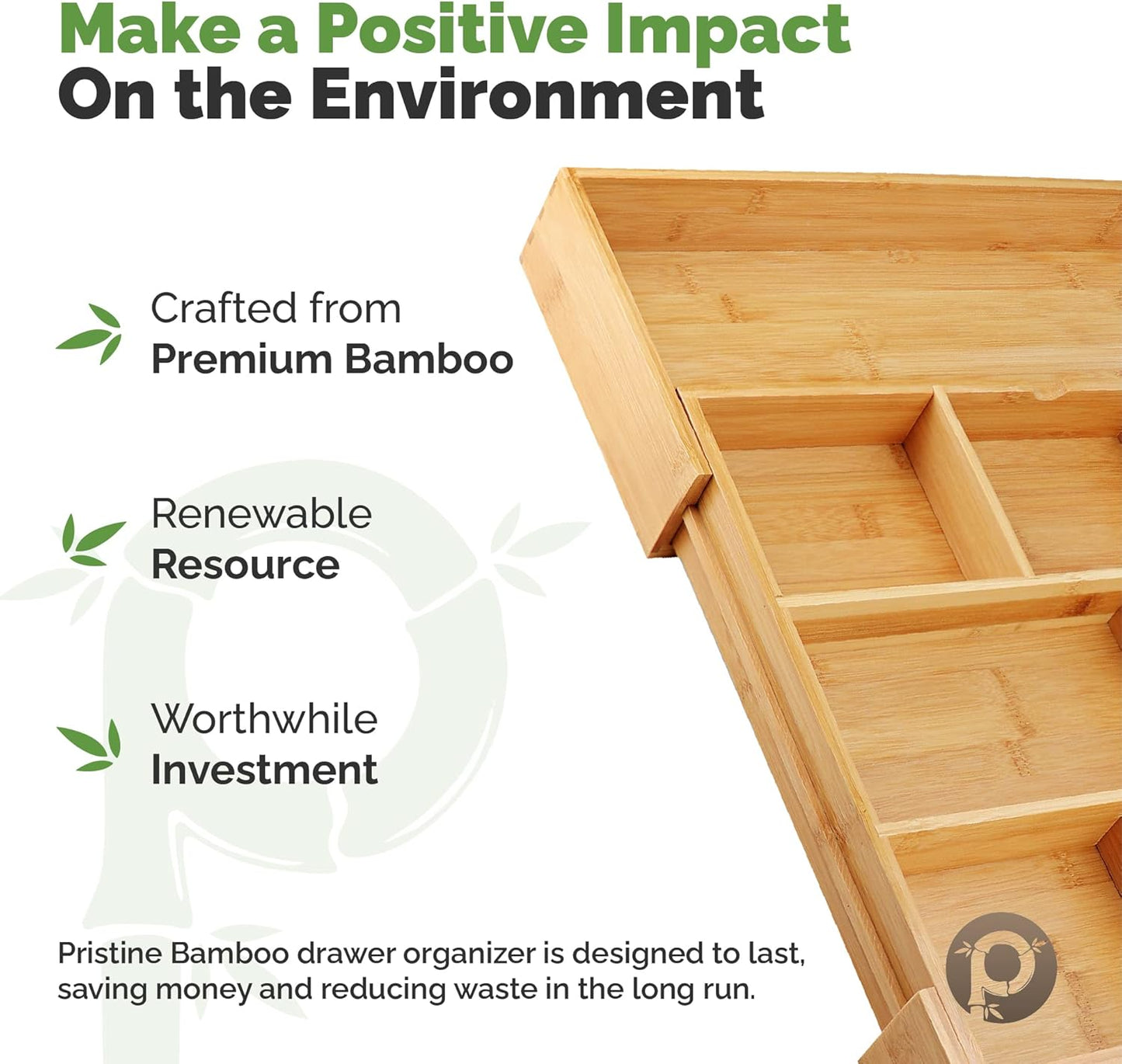 Pristine Bamboo Silverware Organizer - Small Extra-Deep Wooden Kitchen Drawer Organizer Divider for Spoons, Forks, Knives & Cutleries - 5 Slots