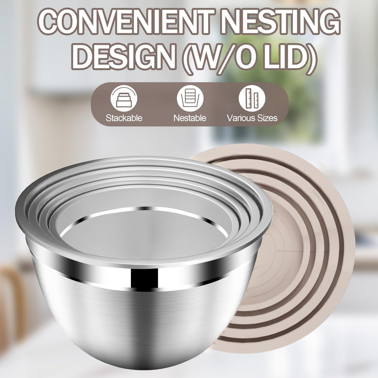 DUTZUN Mixing Bowls with Lids Set, Stainless Steel Mixing Bowls with Colander, Strainer with Mixing Bowl Set, Serving Bowl Kitchen Gift, Size 4.5, 2.5, 2, 1.5QT - Black