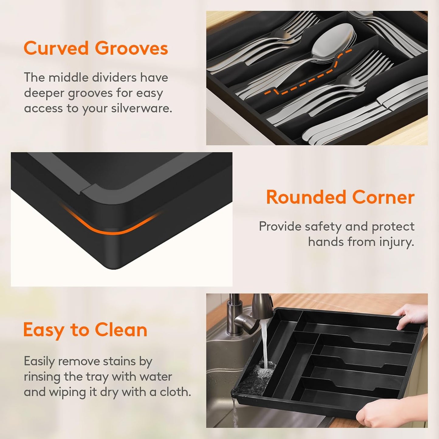 Lifewit Silverware Drawer Organizer Tray, Plastic Cutlery Storage for Kitchen, Flatware and Utensil Holder Divider for Spoons Forks Knives Tableware, 9.1 x 12.6", 5 Slots, Black