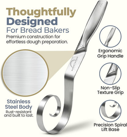 Sourdough Accessories | Seamless Danish Sourdough Bread Whisk, Silicone Dough Scraper & Sourdough Scoring Tool with 5 Blades + Storage Bag (Sourdough bread lame Kit) | Bread baking supplies