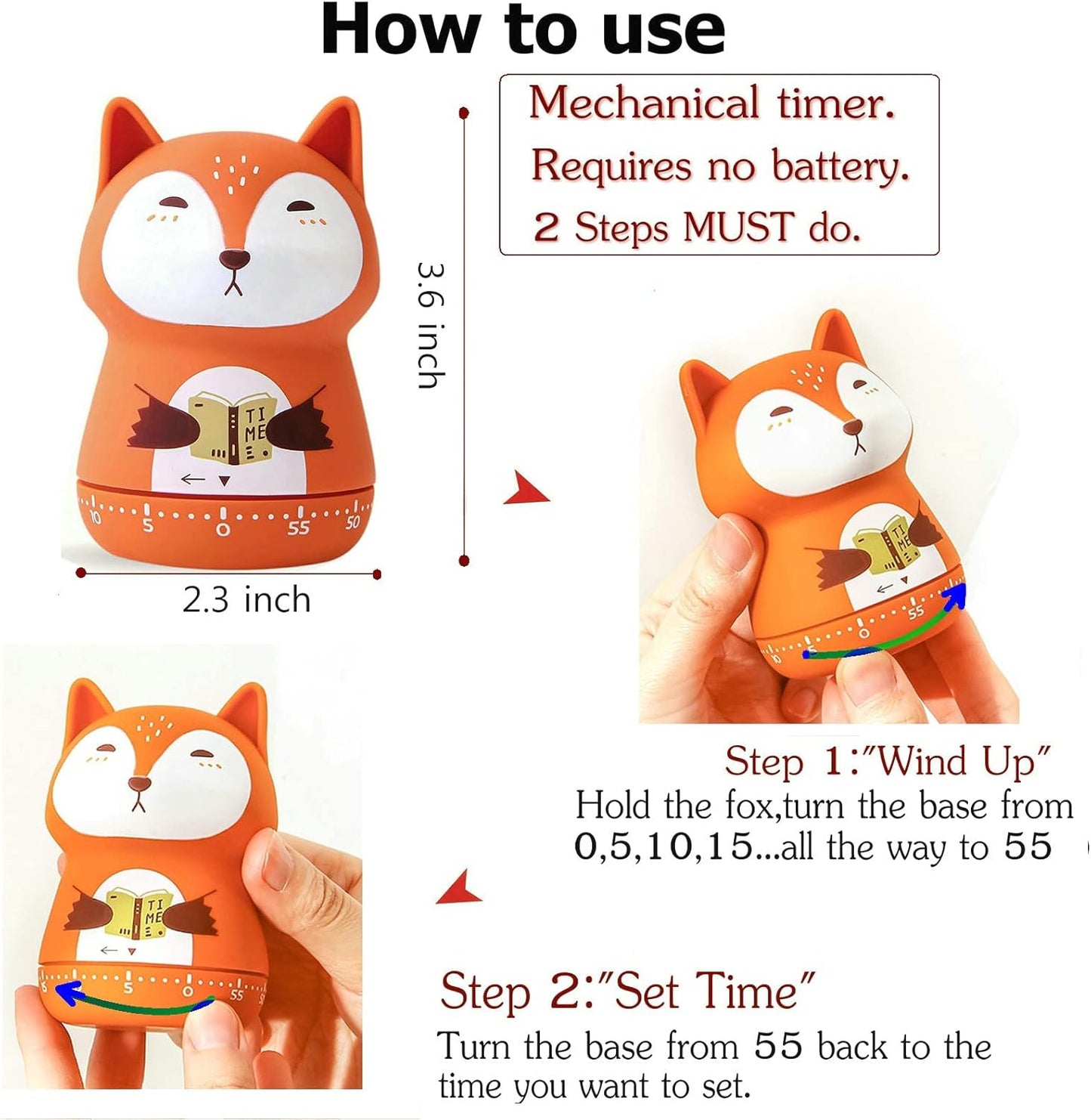 Mechanical Kitchen Timer, Cute Animal Wind Up 60 Minutes Manual Countdown for Kids, Classroom, Home, Study and Cooking (Orange Fox)