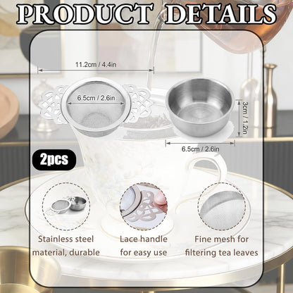 2 Pack Stainless Steel Tea Strainers, Small Fine Mesh Strainers with Bowl Fine Mesh Ball Infuser Small Strainer for Loose Tea Leaf Filter