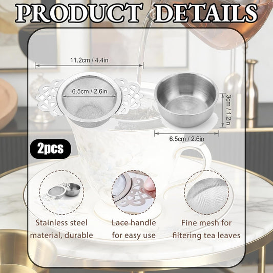 2 Pack Stainless Steel Tea Strainers, Small Fine Mesh Strainers with Bowl Fine Mesh Ball Infuser Small Strainer for Loose Tea Leaf Filter