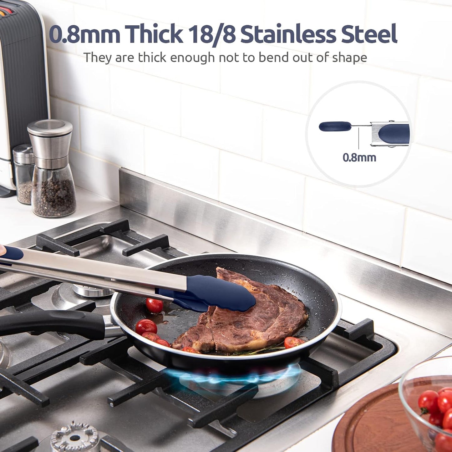 600ºF Heat Resistant Kitchen Tongs: U-Taste 9 inch Silicone Cooking Tong with Firm Sealed Non Stick Rubber Tips & Silicon Coated 18/8 Stainless Steel Handle & Smooth Locking for Serving Salad (Black)