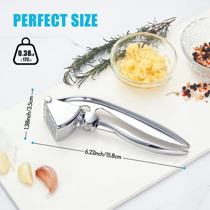 Garlic Press, Premium Metal Garlic Mincer Tool, Heavy Duty Garlic Crusher with Ergonomic Handle, Rust Proof & Dishwasher Safe, Easy to Squeeze and Clean -Silver