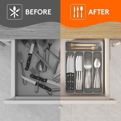 Lifewit Silverware Drawer Organizer Tray, Plastic Cutlery Storage for Kitchen, Flatware and Utensil Holder Divider for Spoons Forks Knives Tableware, 9.1 x 12.6", 5 Slots, Black