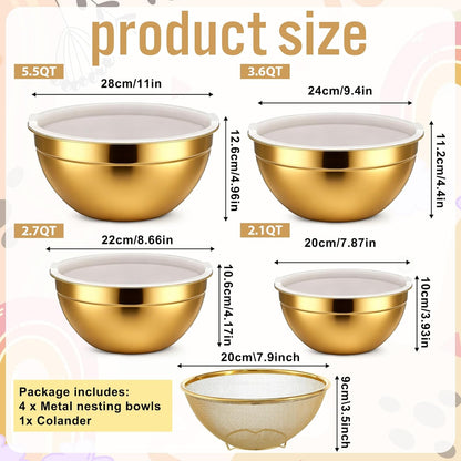 SHENLIU 5 Pcs Gold Mixing Bowls with Airtight Lids, Stainless Steel Mixing Bowl with Colander Metal Nesting Organizers for Kitchen Prepping Serving Food, Non-slip Bottom Size 5.5, 3.6, 2.7, 2.1Qt