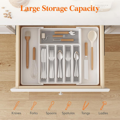 Lifewit Silverware Drawer Organizer, Expandable Utensil Tray for Kitchen, BPA Free Flatware and Cutlery Holder, Adjustable Plastic Storage for Spoons Forks Knives, 11-18 x 14", Black