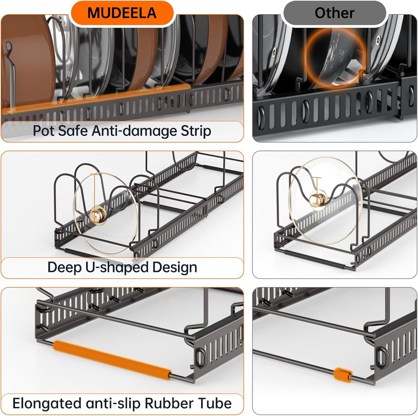 MUDEELA Pots and Pans Organizer Rack for under Cabinet, Expandable 11.81''-22.85'' Pot Lid Kitchen Cabinet Organizer Holder with 10 Adjustable Compartment Cutting Board Organizer for Pan Lid, Bakeware