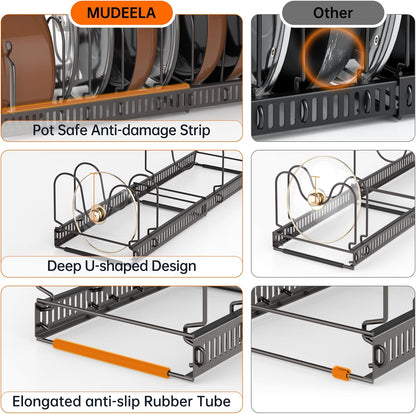 MUDEELA Pots and Pans Organizer Rack for under Cabinet, Expandable 11.81''-22.85'' Pot Lid Kitchen Cabinet Organizer Holder with 10 Adjustable Compartment Cutting Board Organizer for Pan Lid, Bakeware