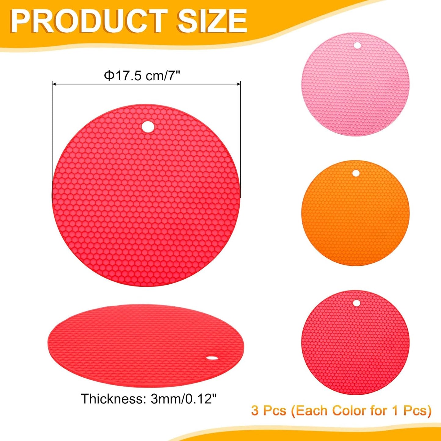 uxcell 3pcs Silicone Jar Opener Pads, 17.5cm/7" Texture Can Opener Multipurpose Round Bottle Lid Opener Non-Slip Coasters for Weak Hands Seniors Children, Orange, Blue, Gray
