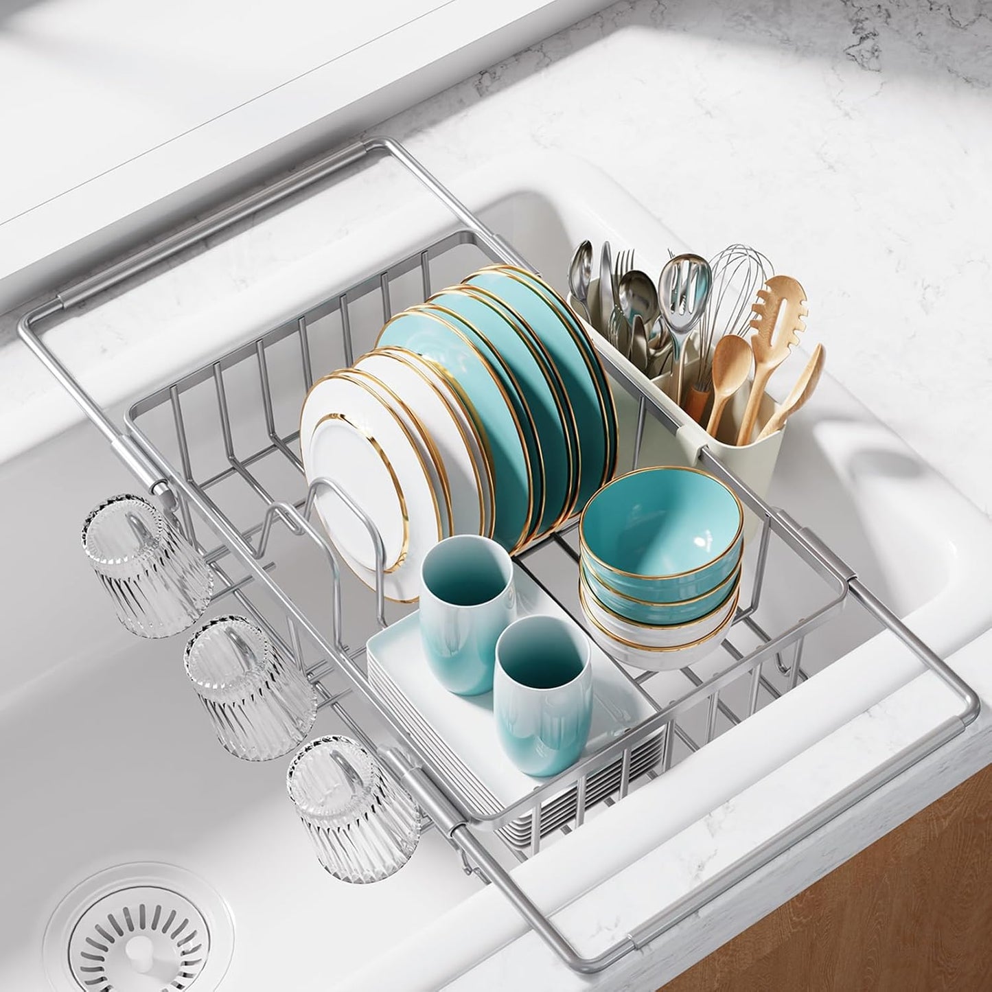 Sakugi Dish Drying Rack in Sink - Expandable Stainless Steel Dish Rack Over the Sink, Kitchen Sink Drain Strainer with Cutlery Holder & Cup Holders, 15.4 x 9.8 x 3.0 Inch, Silver
