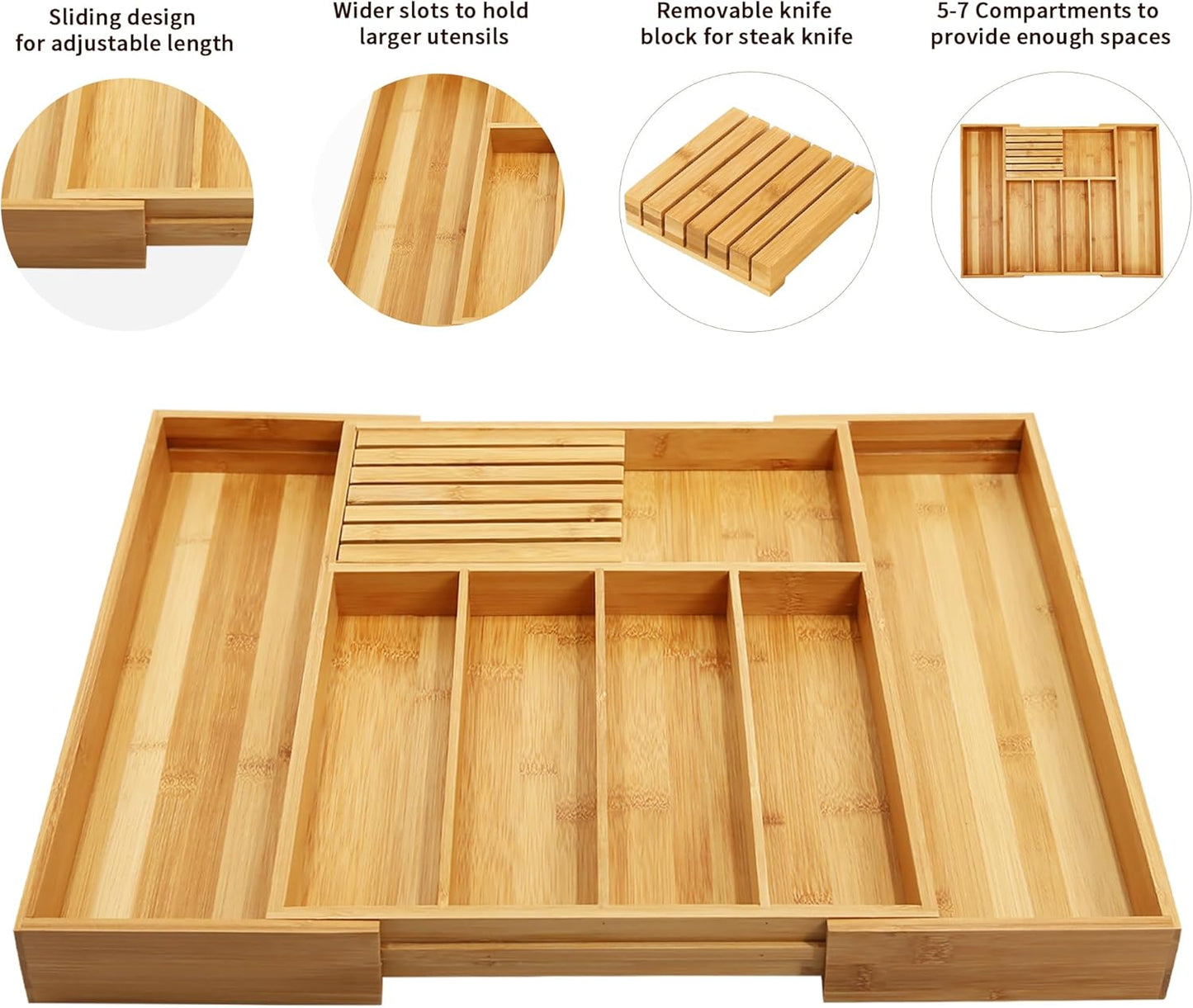 VaeFae Bamboo Silverware Drawer Organizer Kitchen, Expandable Utensil Organizer with Knife Block, Cutlery Tray with Divider, Multifunctional Drawer Organizer (Black)