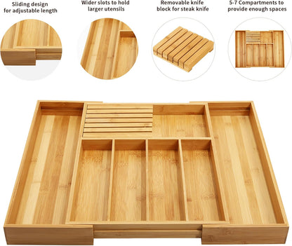 VaeFae Bamboo Silverware Drawer Organizer Kitchen, Expandable Utensil Organizer with Knife Block, Cutlery Tray with Divider, Multifunctional Drawer Organizer (Black)