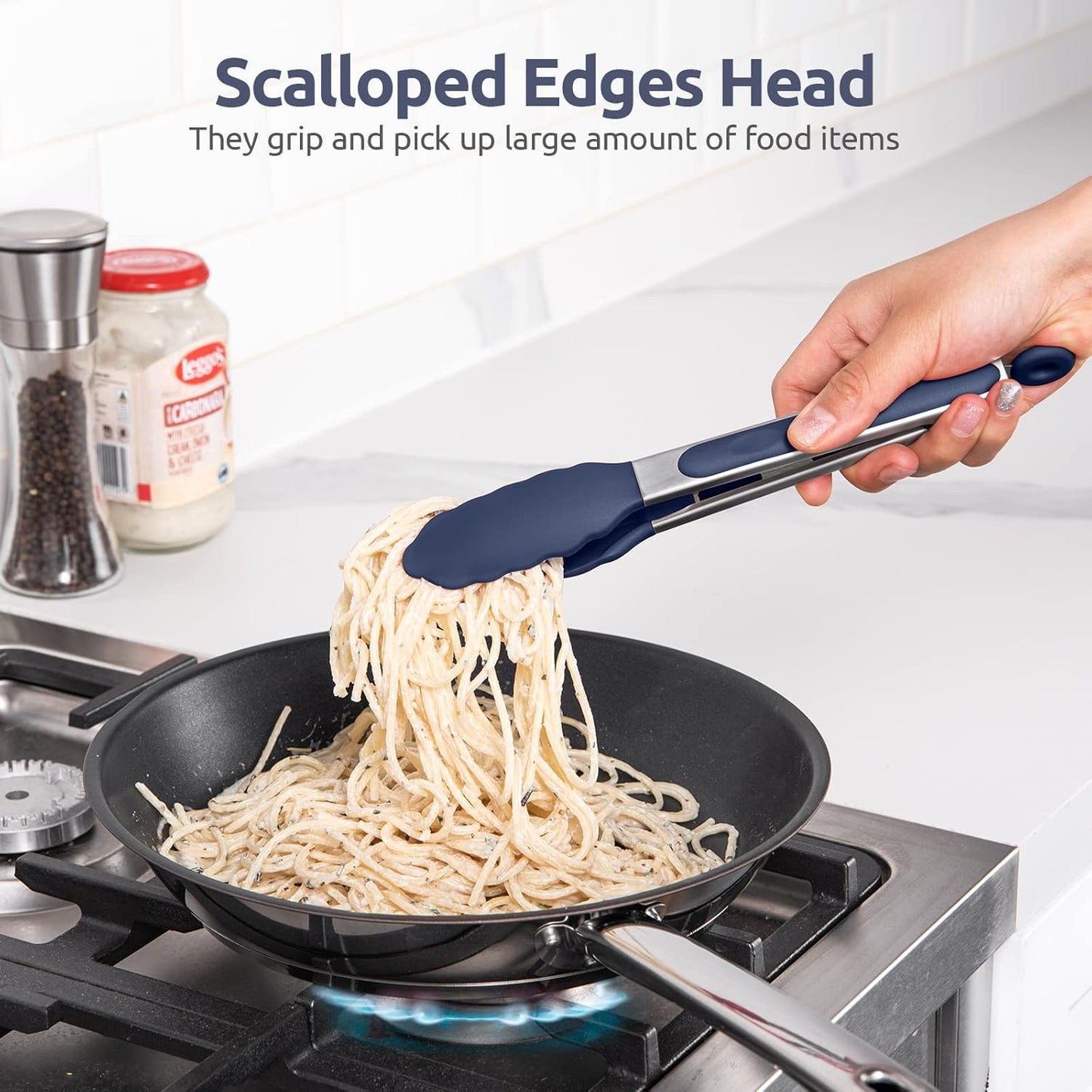 600ºF Heat Resistant Kitchen Tongs: U-Taste 9 inch Silicone Cooking Tong with Firm Sealed Non Stick Rubber Tips & Silicon Coated 18/8 Stainless Steel Handle & Smooth Locking for Serving Salad (Black)