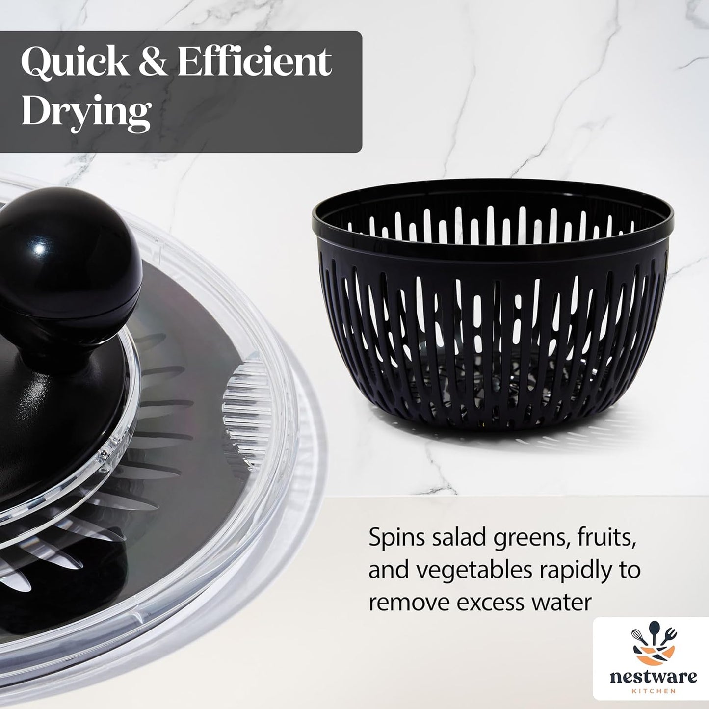 Stainless Steel Salad Spinner, Lettuce, Vegetable & Fruit Dryer, 5L Capacity, Non-Slip Base (304 Stainless Steel - Black)