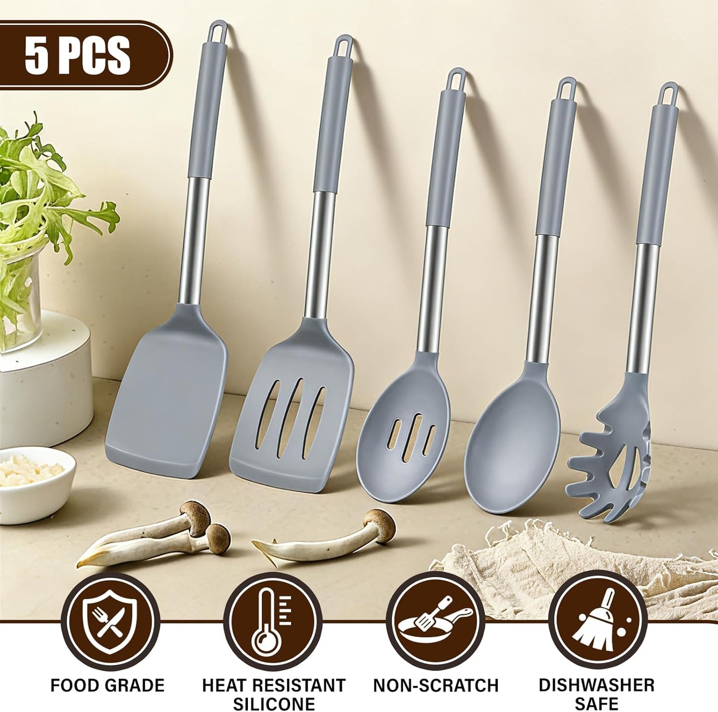 5Pcs Silicone Cooking Utensils Set, Heat Resistant Kitchen Tools Include Solid&Slotted Spatula, Cooking Spoon and Pasta Server, Silicone Kitchen Utensils set for Nonstick Cookware Flipping, Black