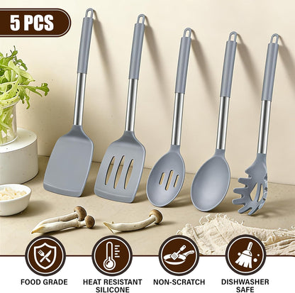 5Pcs Silicone Cooking Utensils Set, Heat Resistant Kitchen Tools Include Solid&Slotted Spatula, Cooking Spoon and Pasta Server, Silicone Kitchen Utensils set for Nonstick Cookware Flipping, Black