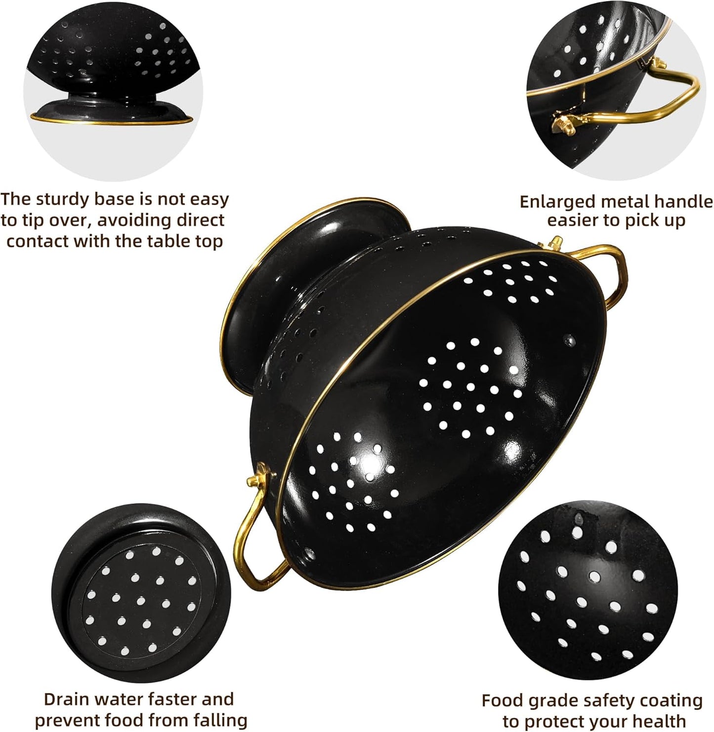 Metal Colander Set of 2, Strainer Basket with Handles perfect for Spaghetti, Pasta, Berry, Vegetable, Fruit, Solid Base Powder Coated Self-draining Kitchen Colander Bowel, 3.5 & 5 Qt, Matte Black