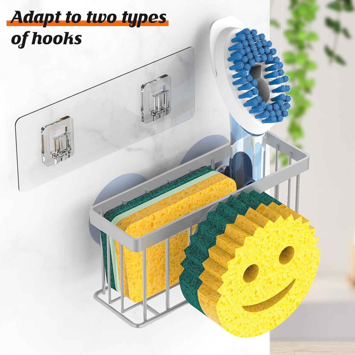 MURLONG Sponge Holder Smiley Face, Sink Organizer with 2 Suction Cups/1 Adhesive Strips, Designed for Sponge, Soap, Dish Brush, Scrubber - Black