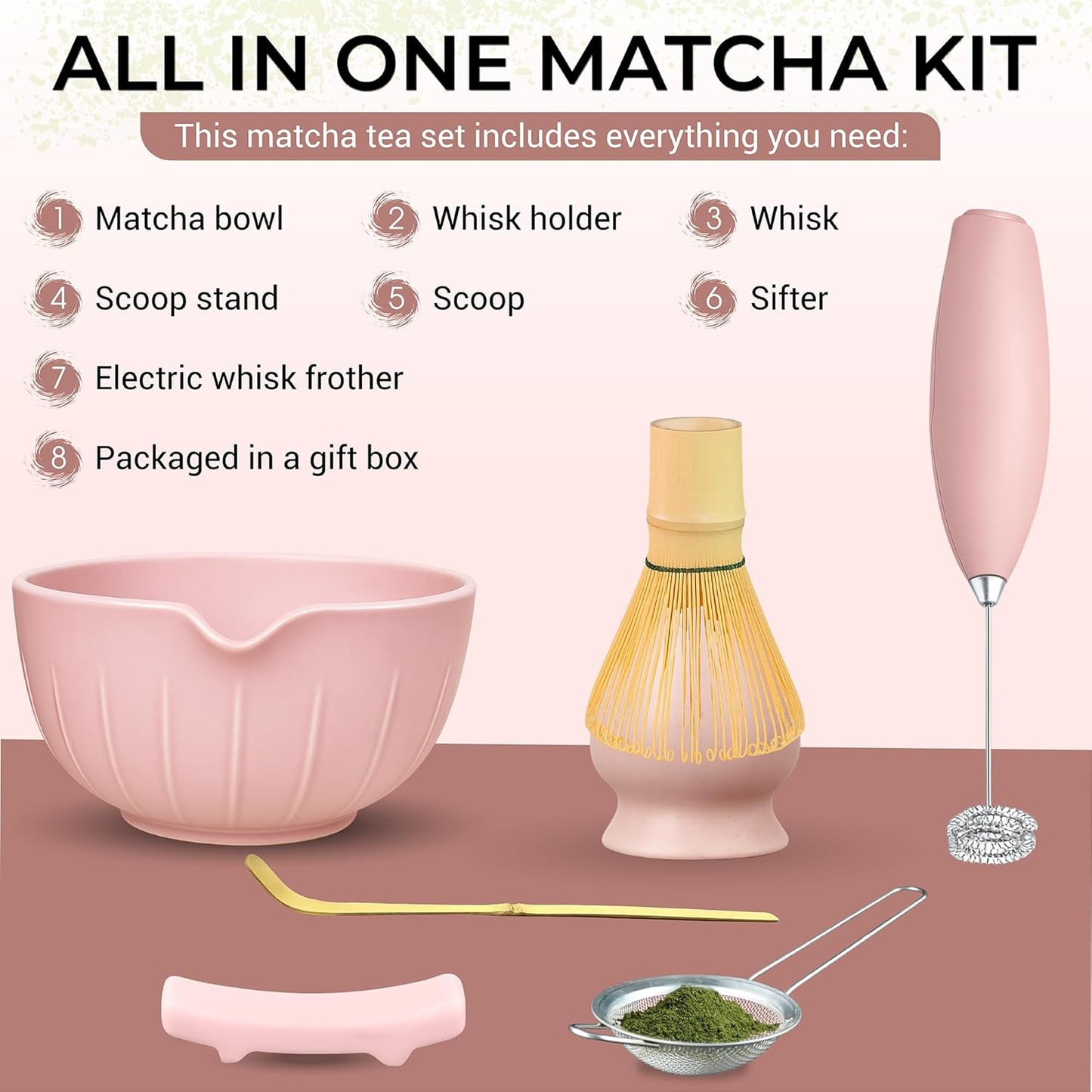 Matcha Whisk Set with Matcha Bowl - Matcha Set Included Electric Frother, Bamboo Whisk, Matcha Spoon, Bamboo Holder, Sifter, Spoon Stand (Blossom Pink)
