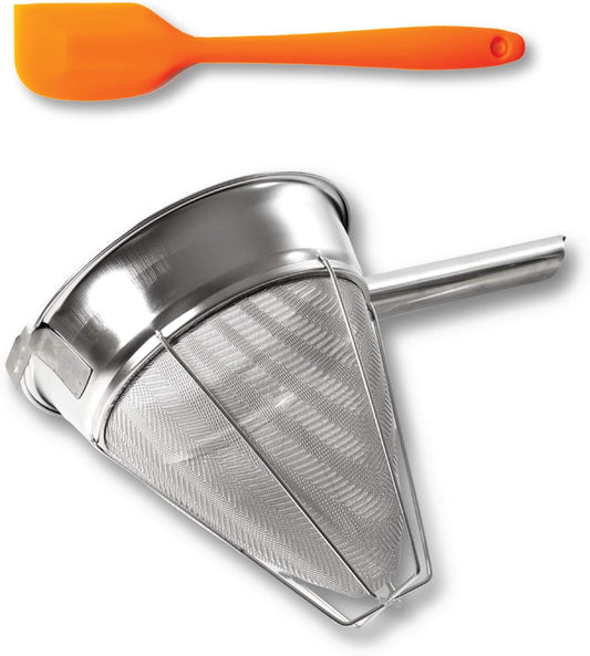 PINKIECLINK Bouillon Strainer - Stainless Steel Fine Mesh Metal Food Chinois, Cone Separator, Kitchen Colander Sieve for Sauce Jam Jelly Tea, 8" - With Spatula