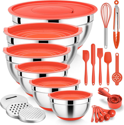 E-far 25PCS Mixing Bowls with Lid Set, Stainless Steel Nesting Prep Bowls with Grater Attachments Non-Slip Bottoms for Cooking, Baking, Serving, Food Storage, 4.6/2.6/2/1.5/1/0.7QT - Blue