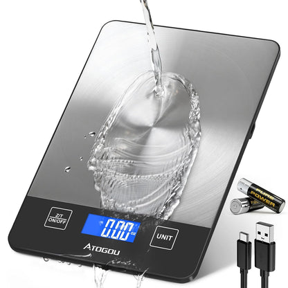 Atogou Food Scale - 33lb Digital Kitchen Scale Ounces Grams, Rechargeable & Full-View Display, Water-Resistant, Batteries or USB-C Charging, Stainless Steel, for Cooking, Meal Prep, Package (Black)