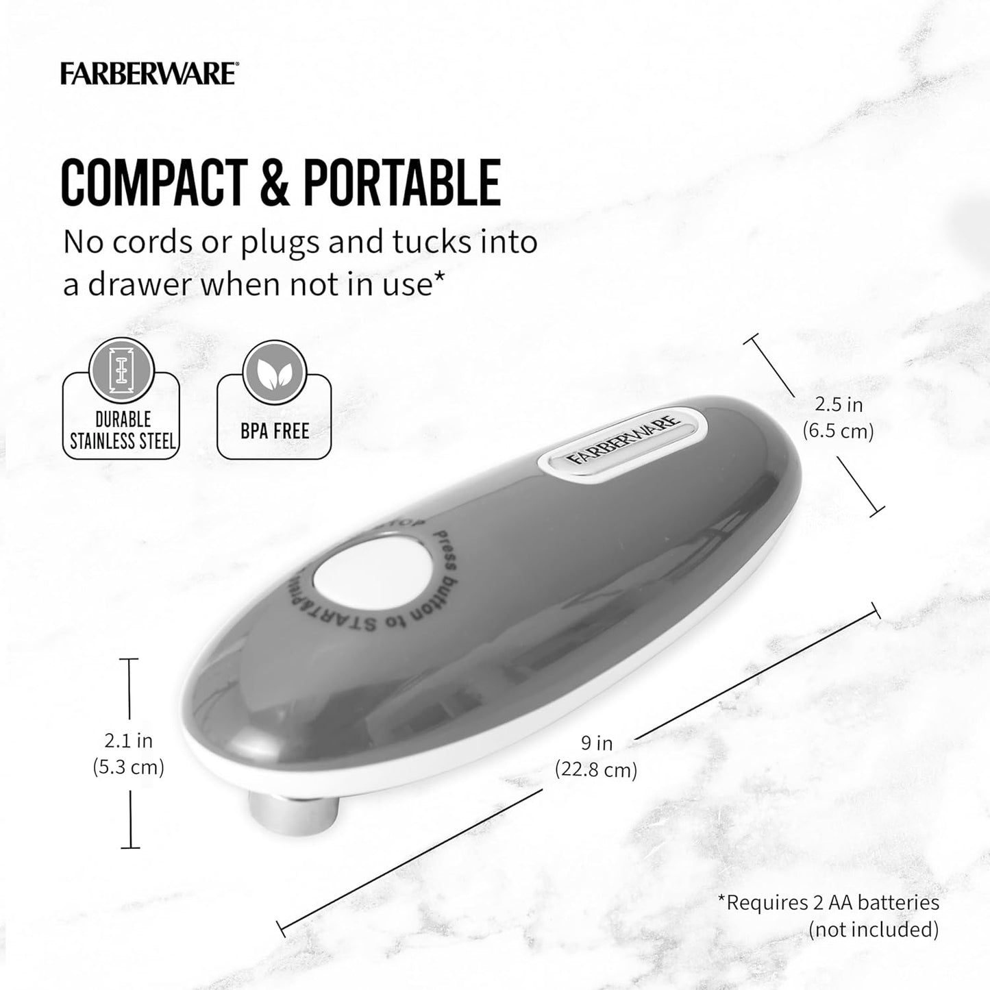 Farberware Compact Battery Operated Hands-Free Automatic Can Opener for any Size Can with Magnet to Safely Remove Lid, Seamless Opening Decreases Sharp Edges for Easily and Safely Opening Cans, Aqua