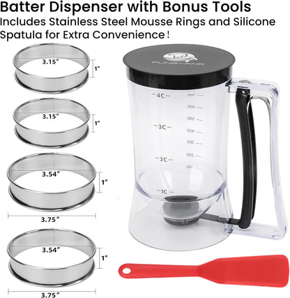 FUNGYAND Pancake Batter Dispenser, 4-Cup Set with Muffin Rings & Spatula - Ideal for Pancakes, Cupcakes, Waffles, and Muffins, Easy Squeeze Handle