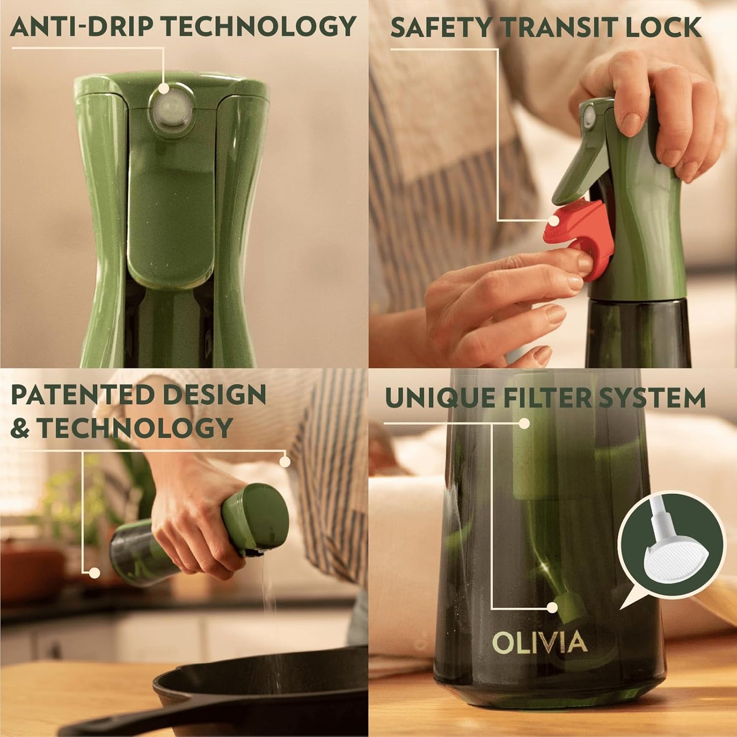 OLIVIA SIGNATURE Advanced Kitchen Oil Sprayer with Flairosol Technology, Fine Mist & Portion Control, Refillable Glass Olive Oil Cooking Spray Bottle for Air Fryer, Salad, BBQ, 2 Pack 200ml (Green)
