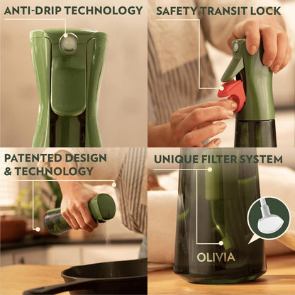 OLIVIA SIGNATURE Advanced Kitchen Oil Sprayer with Flairosol Technology, Fine Mist & Portion Control, Refillable Glass Olive Oil Cooking Spray Bottle for Air Fryer, Salad, BBQ, 2 Pack 200ml (Green)