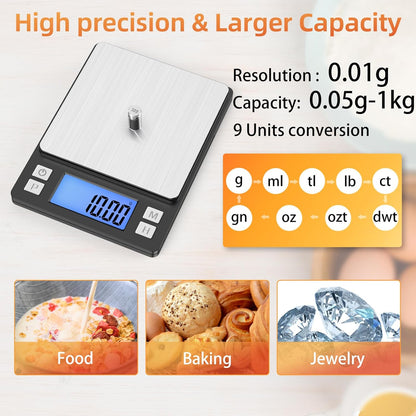 BOMATA 0.01g Small Digital Gram Scale, USB Rechargeable, Upgraded 1kg Jewelry Scale with Larger Display and Hold Function, High Precision, Grams and oz for Herb, Coin, Powder, Yeast, Kitchen Black