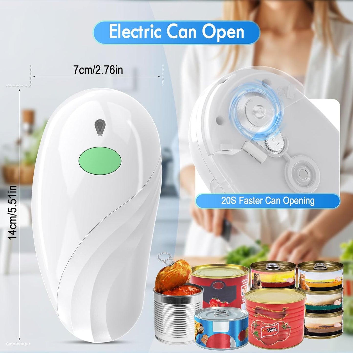 HuiJuKeJi Electric Can Opener, Rechargeable Automatic Can Opener for Seniors with Arthritis, One-Touch Hands-Free Can Opener for Almost Can Sizes, Smooth Edge & Food-Safe Kitchen Gadgets-Green