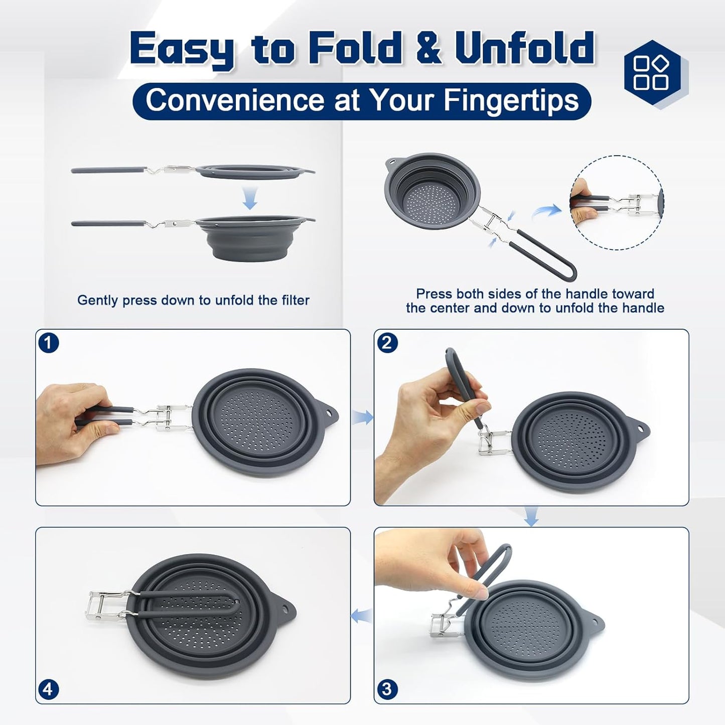 Collapsible Colander with Handle, 17cm Silicone and Stainless Steel Strainer for Pasta Vegetables Fruits, Foldable Space-Saving Kitchen Strainer Basket, Dishwasher Safe ﻿