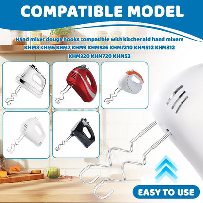 6 Pcs Hand Mixer Beater Attachments for KitchenAid Hand Mixers KHM3 KHM5 KHM7 KHM9, Stainless Steel Hand Mixer Beaters, Whisk, Blending Rod and Dough Hooks